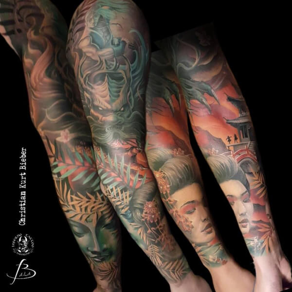 Oriental Japonés, Christian Kurt Bieber. Foto de Tattoo grande en brazo con múltiples motivos orientales.