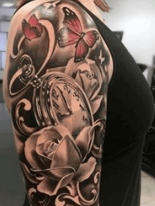 tattoo-reloj-pulsera-rosa-mariposa-realismo