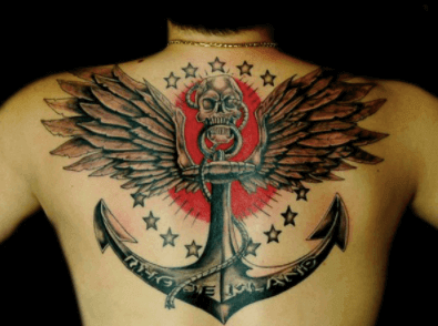 Tatuaje de ancla grande con estrellas, alas y demonio en espalda. Pinterest