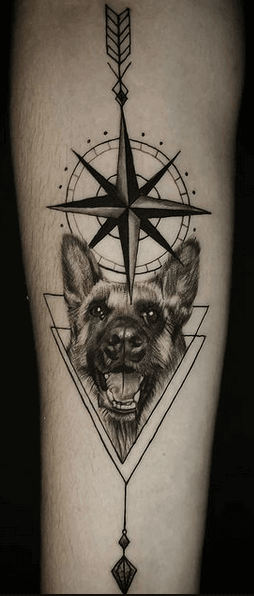 Tattoo de perro pastor alemán con rosa de los vientos.